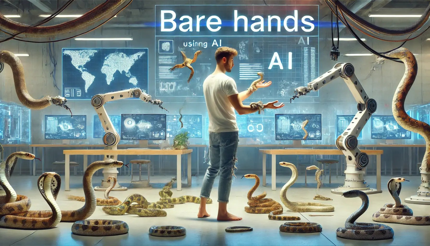 DALL·E 2024-08-03 19.59.17 - A person training snakes with bare hands and using AI technology. The scene is set in a high-tech facility with digital screens displaying the text b