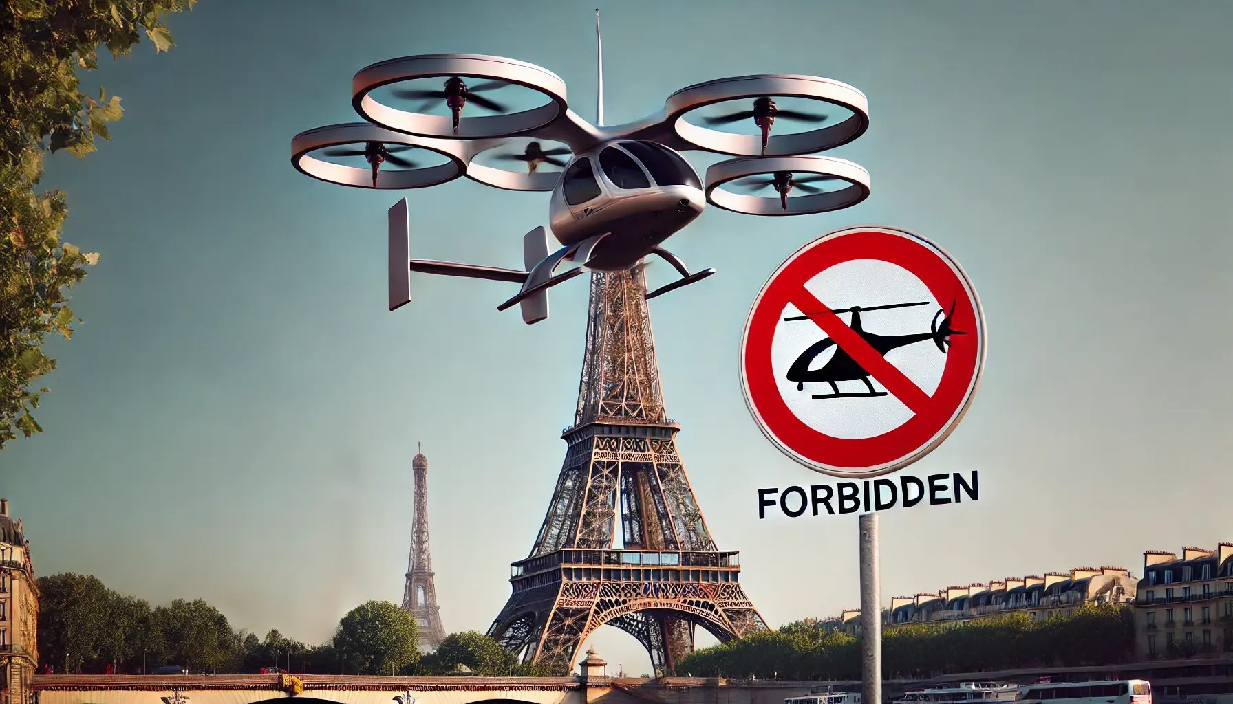 DALL·E 2024-08-09 20.21.54 - A volocopter, a type of electric vertical takeoff and landing (eVTOL) aircraft, hovering in front of the Eiffel Tower. The volocopter is sleek and fut