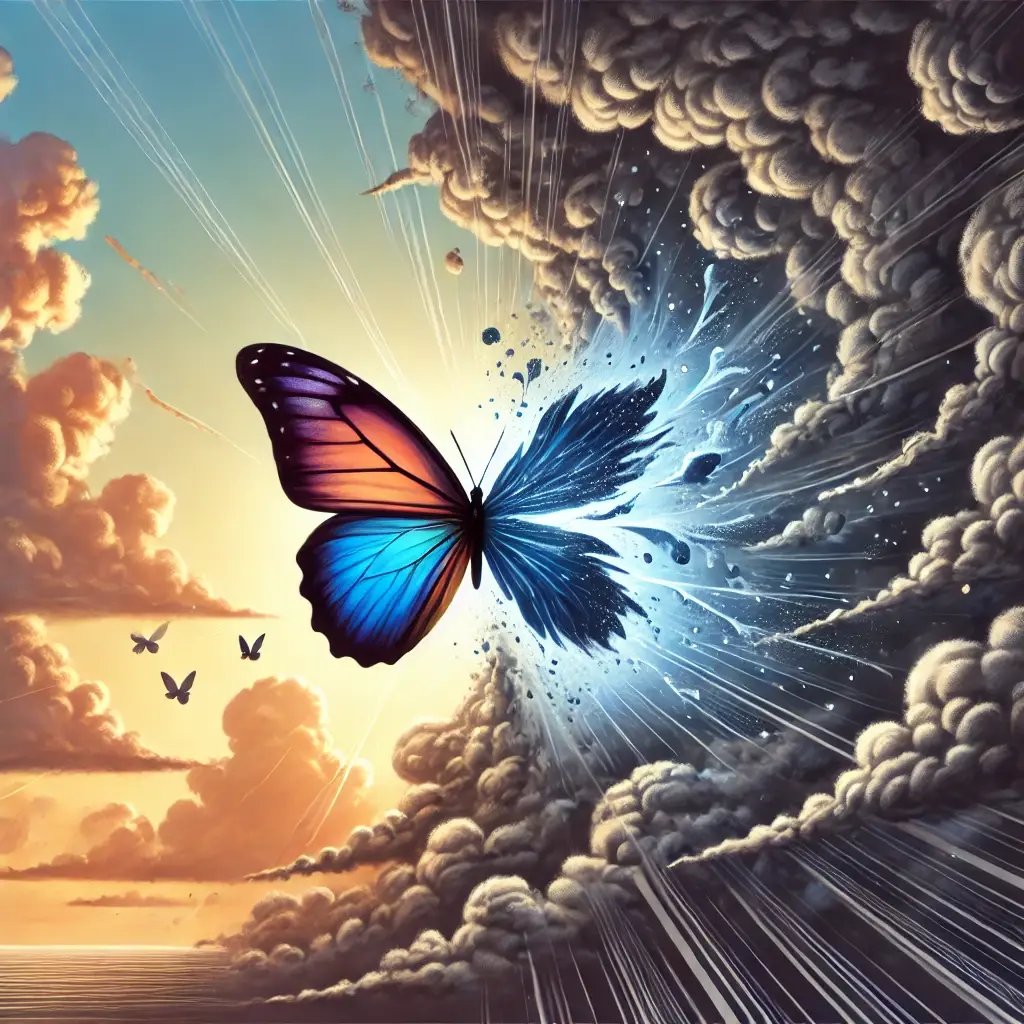 DALL·E 2024-09-08 14.00.03 - A symbolic illustration of the butterfly effect in chaos theory. A small butterfly flapping its wings on one side, with complex storm clouds forming o